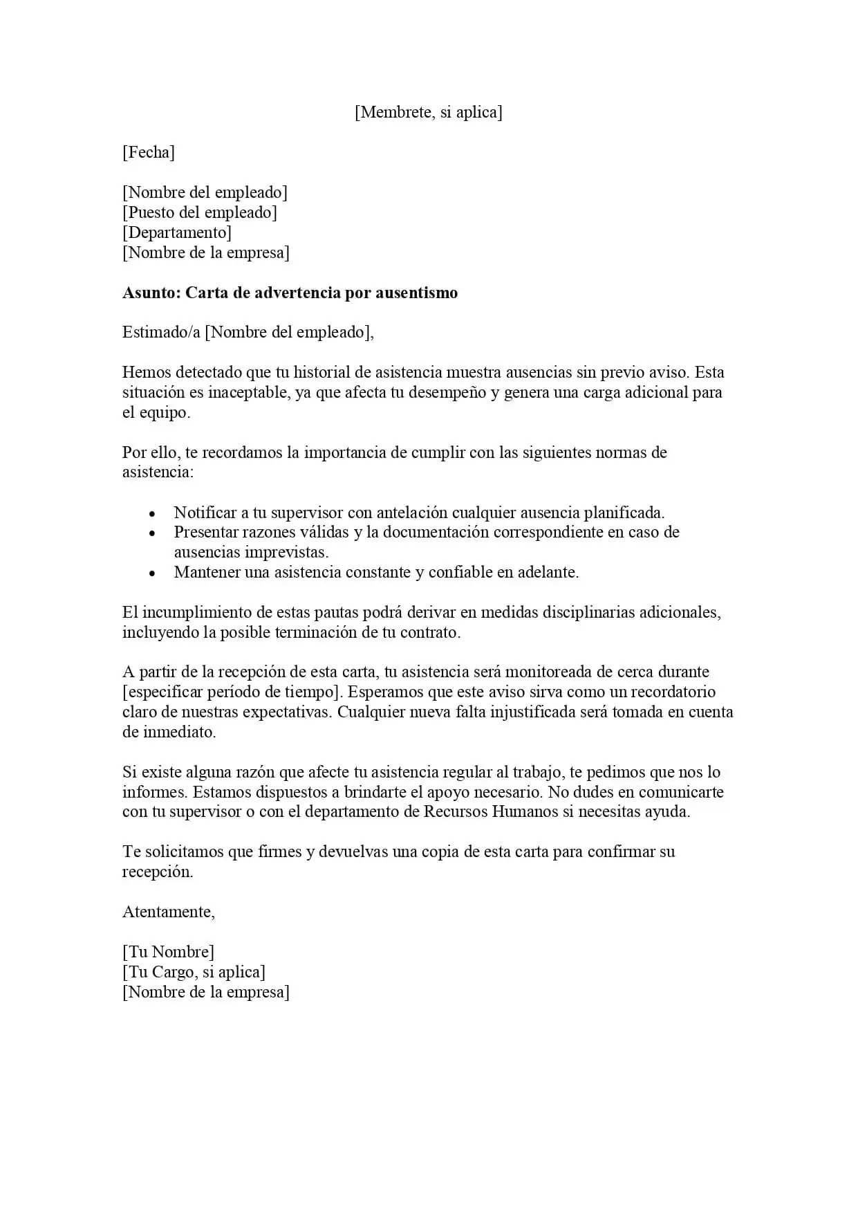 Modelo gratuito de carta de advertencia por ausentismo laboral