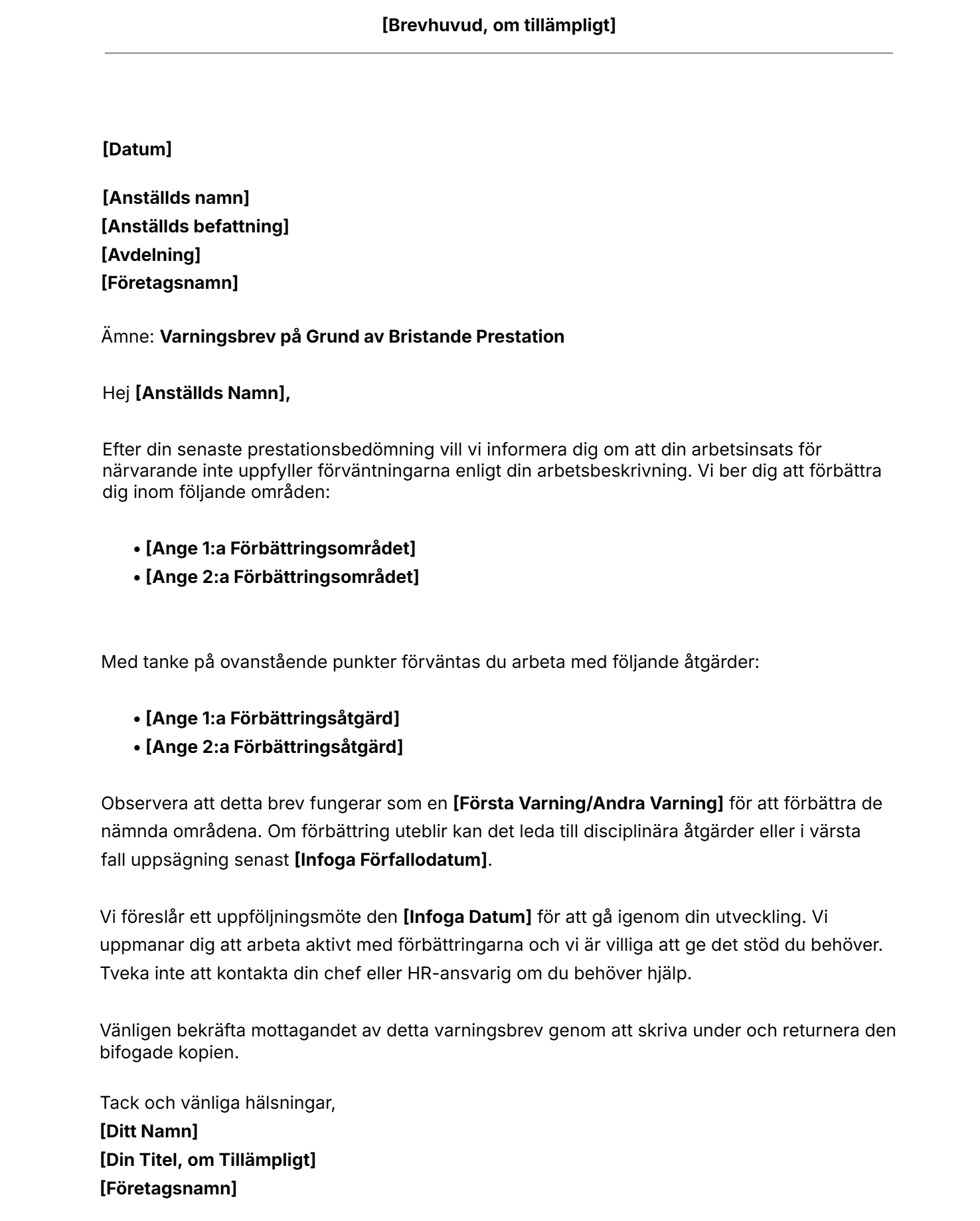 Mall för varningsbrev i samband med bristande prestation.