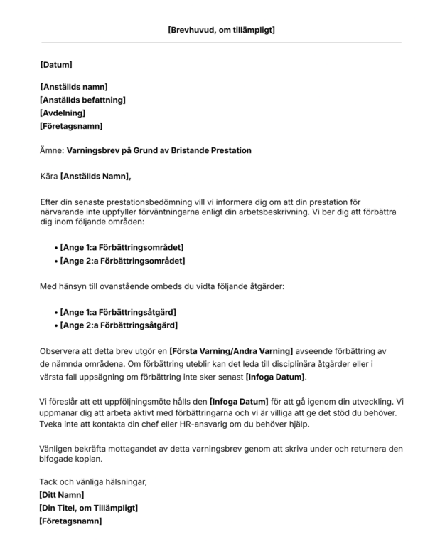 Mall för varningsbrev i samband med bristande prestation.