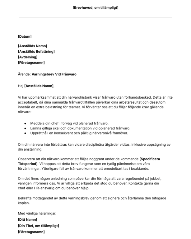 Gratis mall för varningsbrev för anställdas frånvaro.