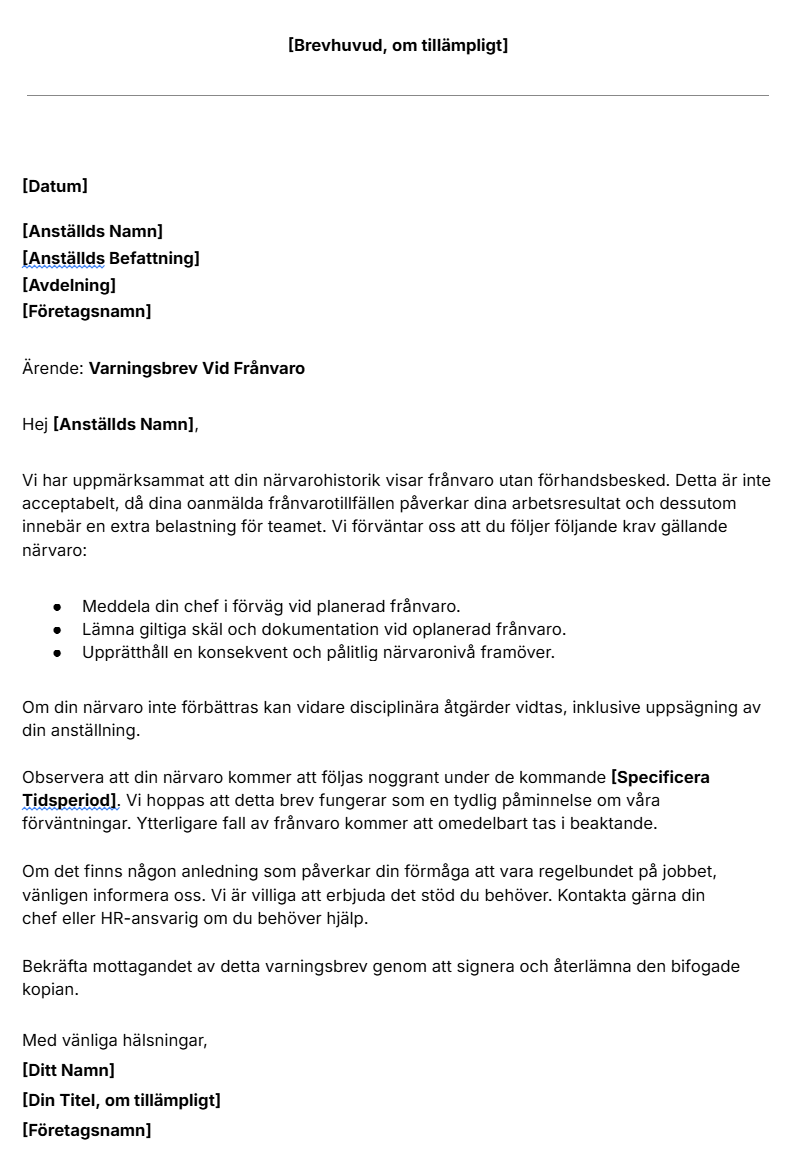 Gratis mall för varningsbrev för anställdas frånvaro.
