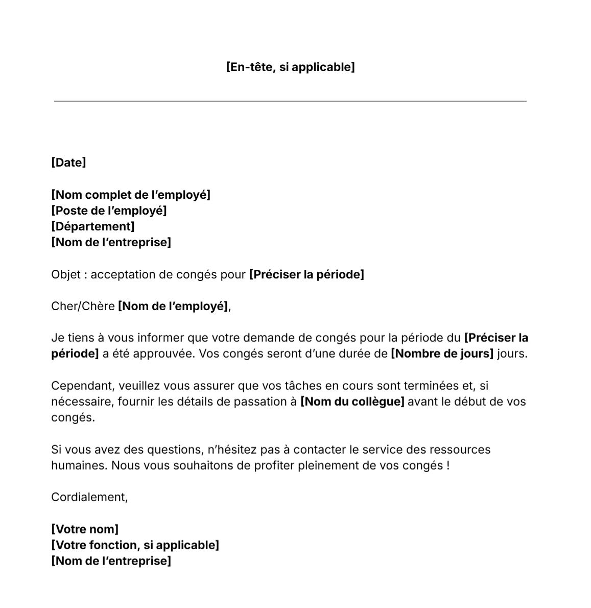 Modèle gratuit de lettre d'acceptation de congés