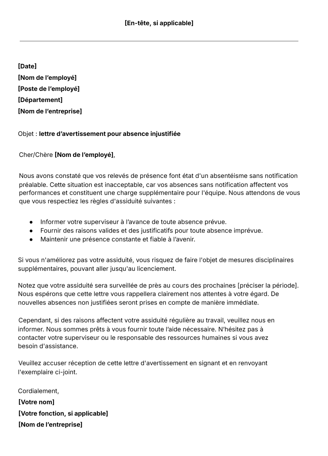 Modèle gratuit de lettre d'avertissement pour absence injustifiée