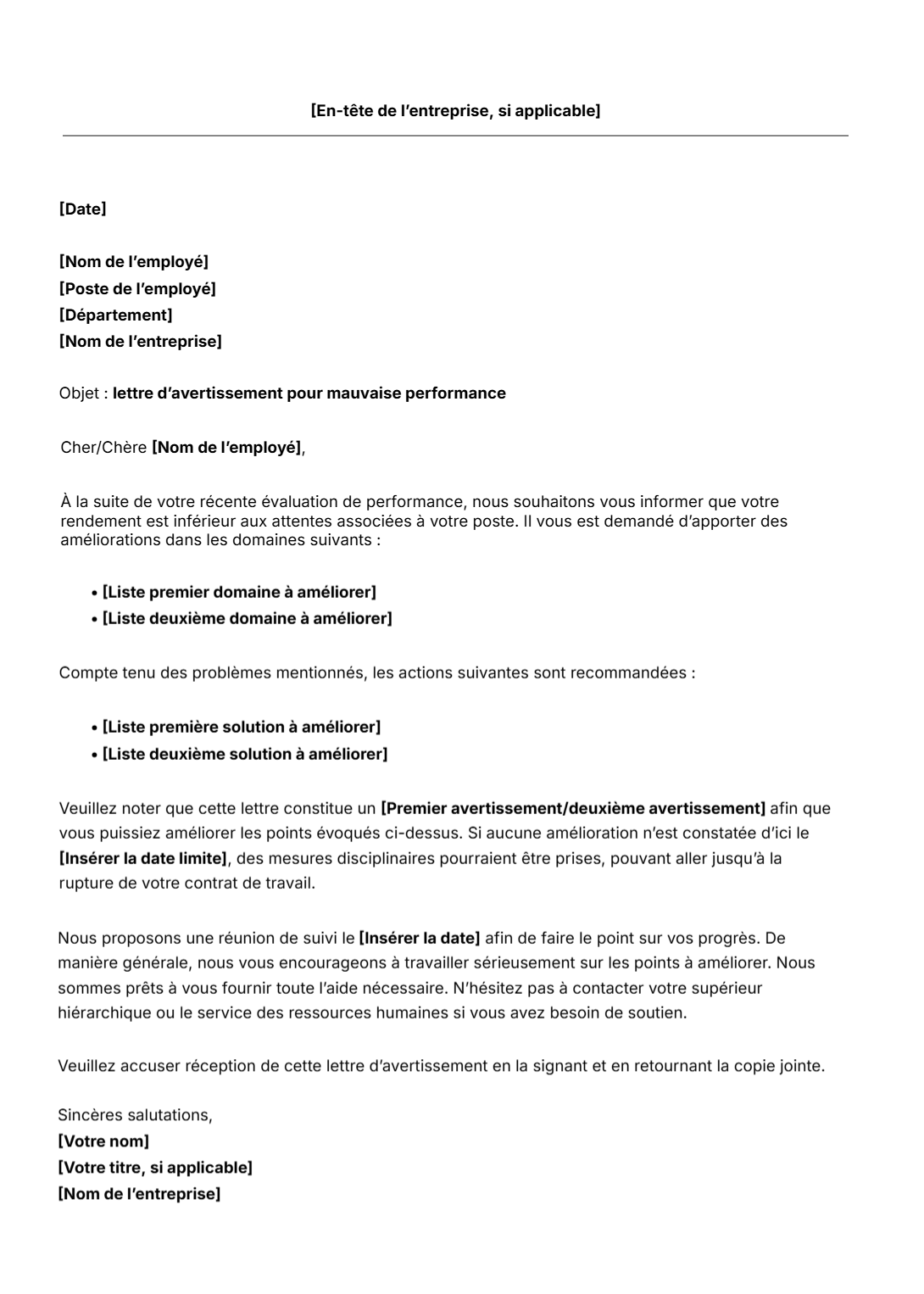 Modèle gratuit de lettre d'avertissement pour mauvaise performance