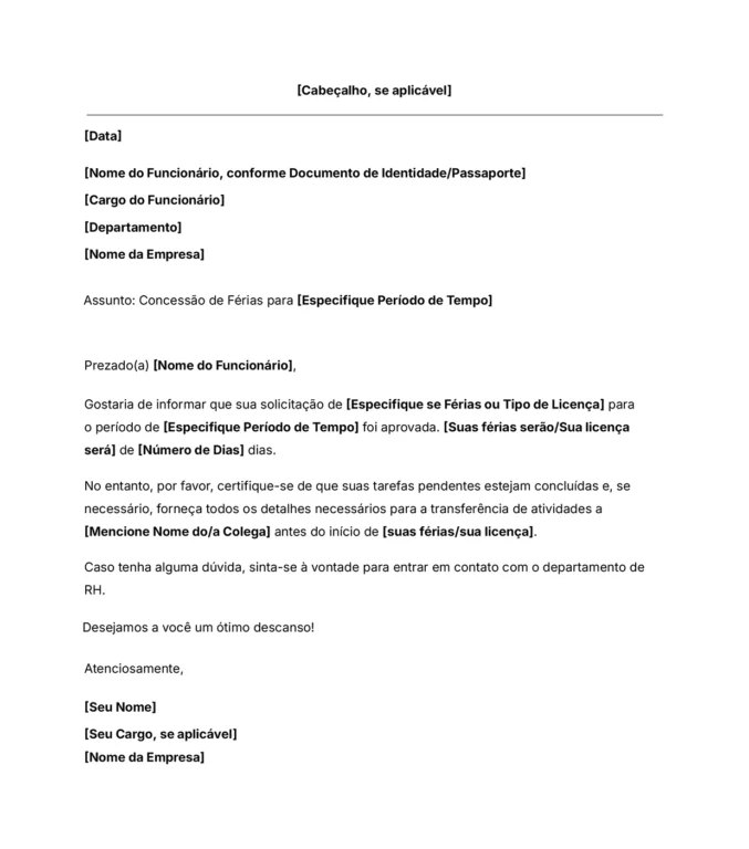 Modelo de carta de concessão de férias e licenças grátis
