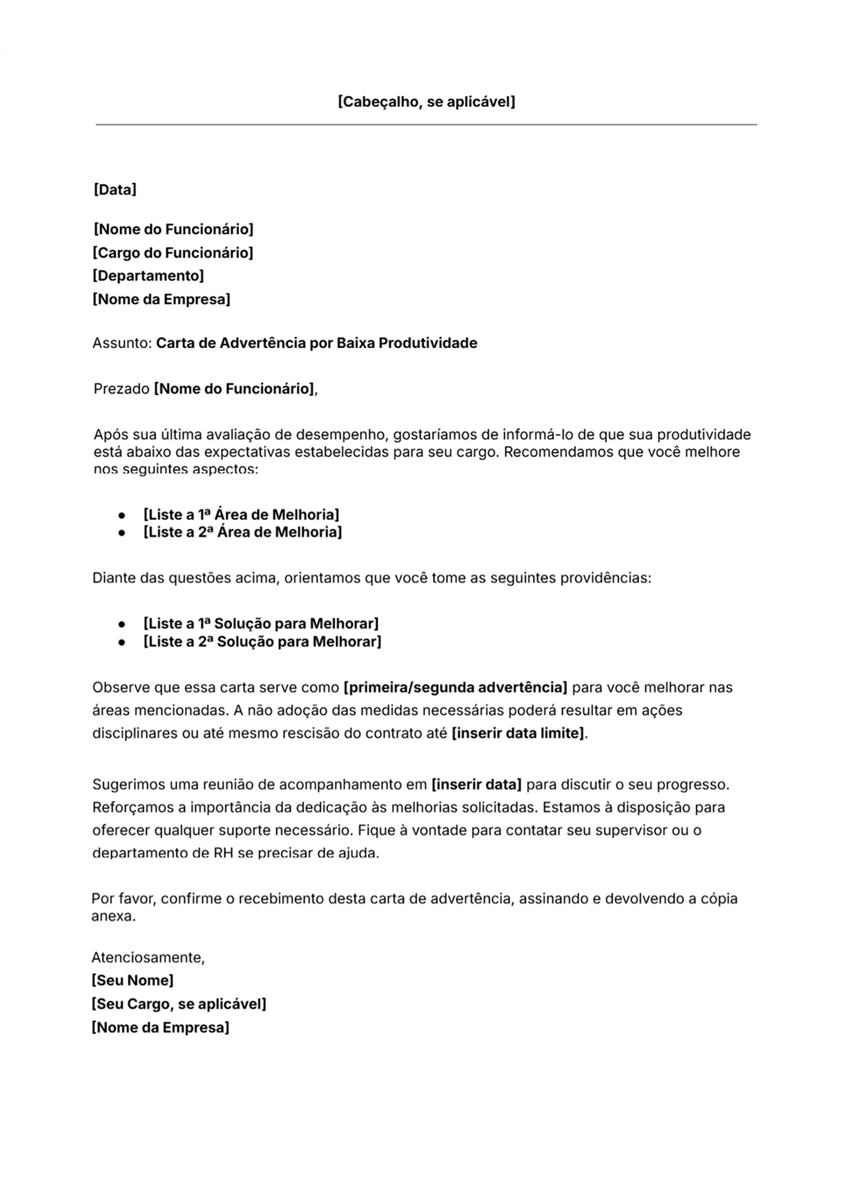 Modelo de carta de advertência por baixa produtividade do funcionário grátis