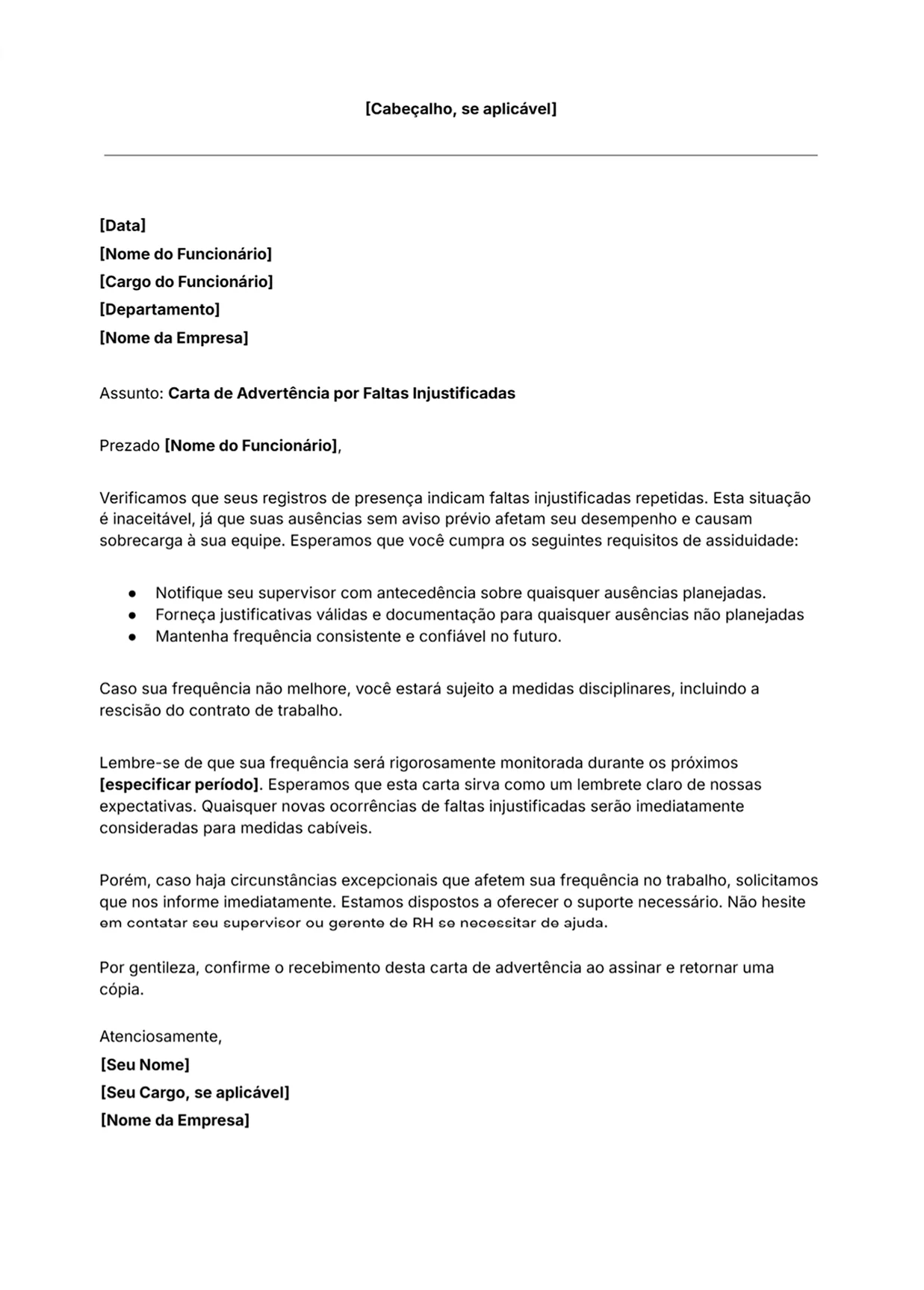 Modelo de carta de advertência para faltas injustificadas do funcionário grátis