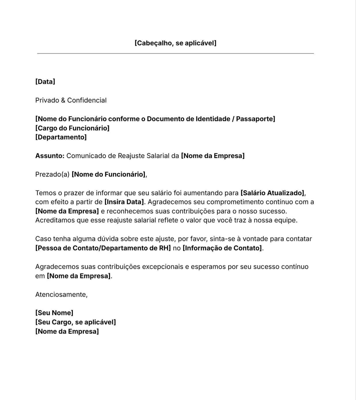 Modelo de carta de reajuste salarial grátis