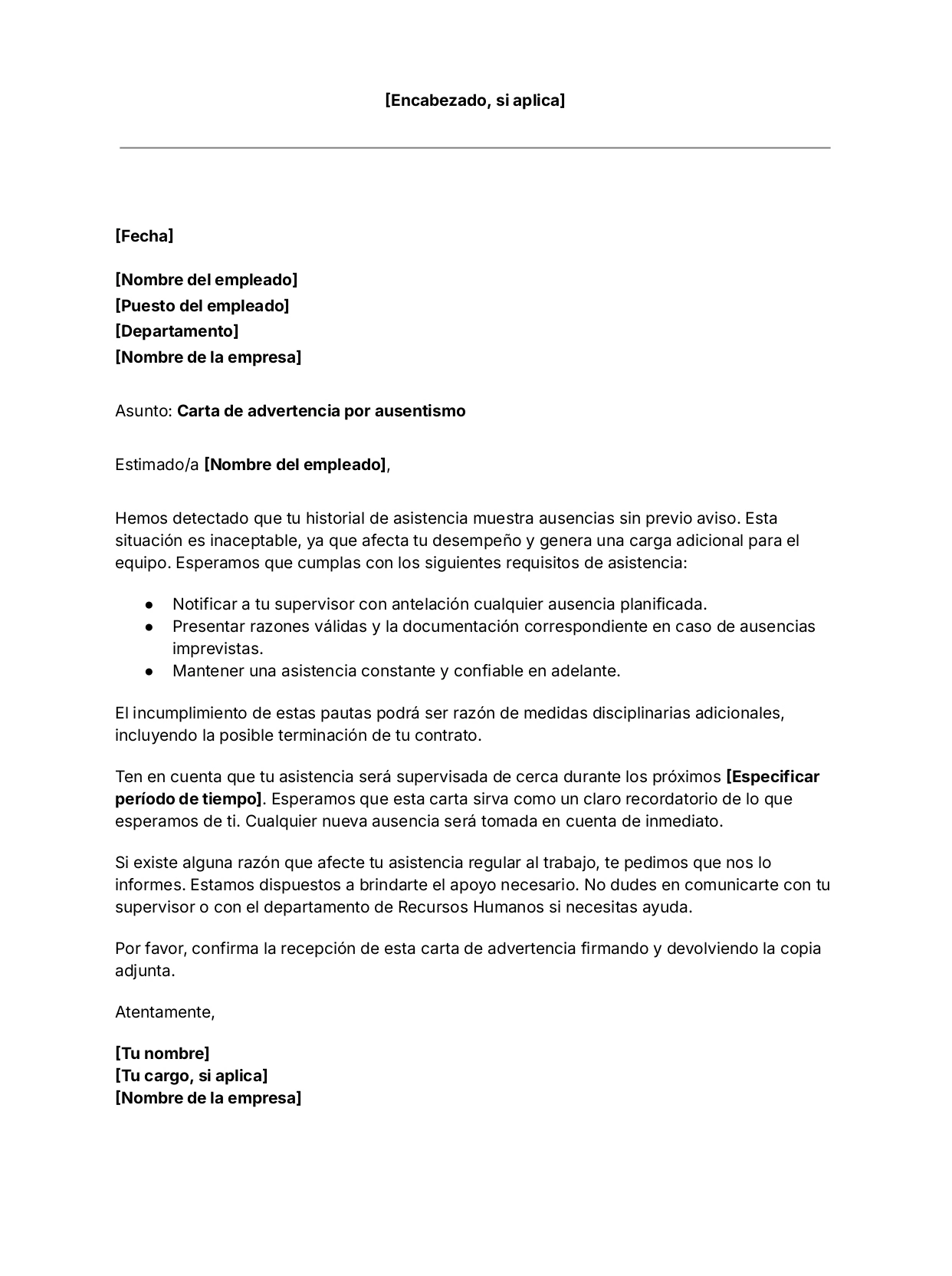 Plantilla gratuita de carta de advertencia por ausentismo laboral