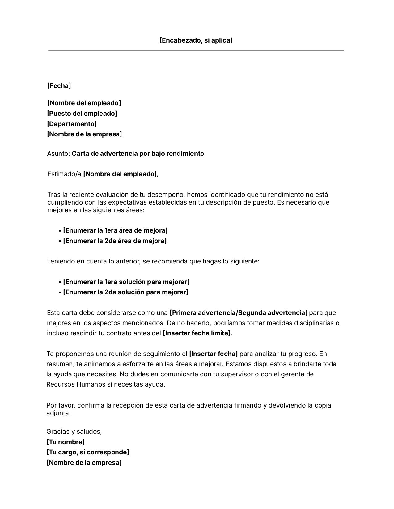 Plantilla de carta de advertencia por bajo desempeño de un empleado