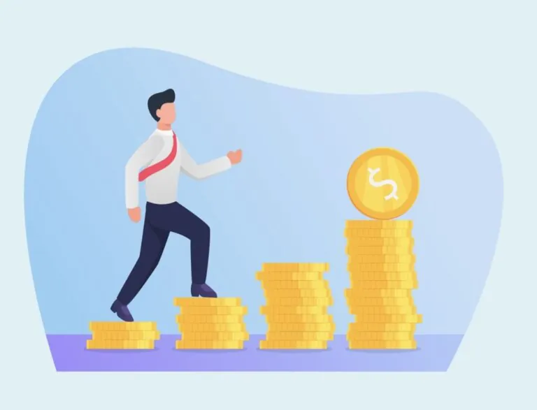 vector salary increment - man climbing on coins staircase
