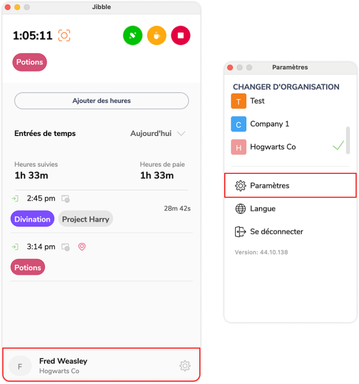 Paramètres de l'application de bureau