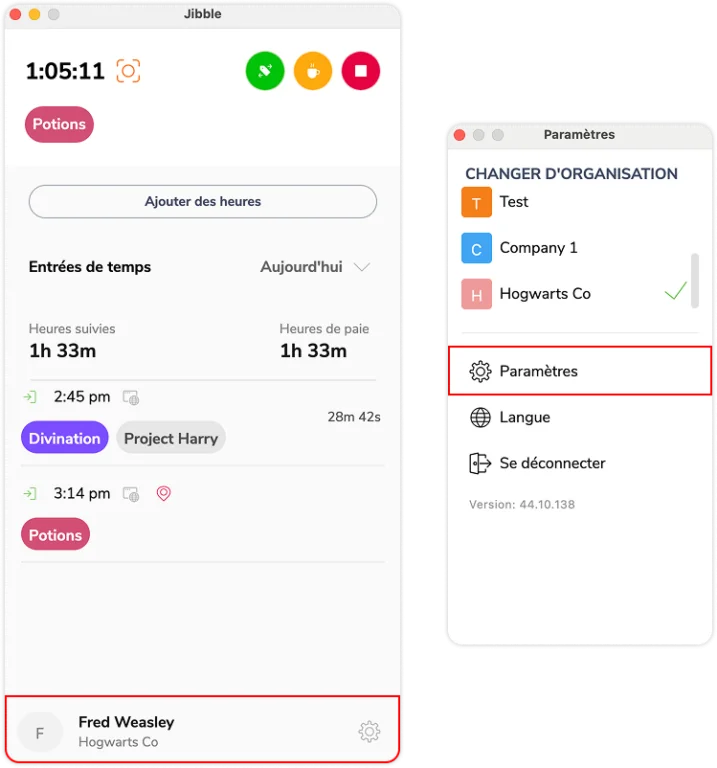 Paramètres de l'application de bureau