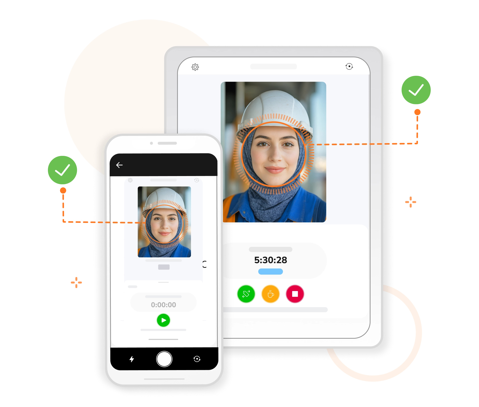 قم بتسجيل الحضور عبر فحص سريع للوجه باستخدام تطبيق الهاتف من جبِل والكشك المشترك (الجهاز اللوحي أو الهاتف المحمول).
