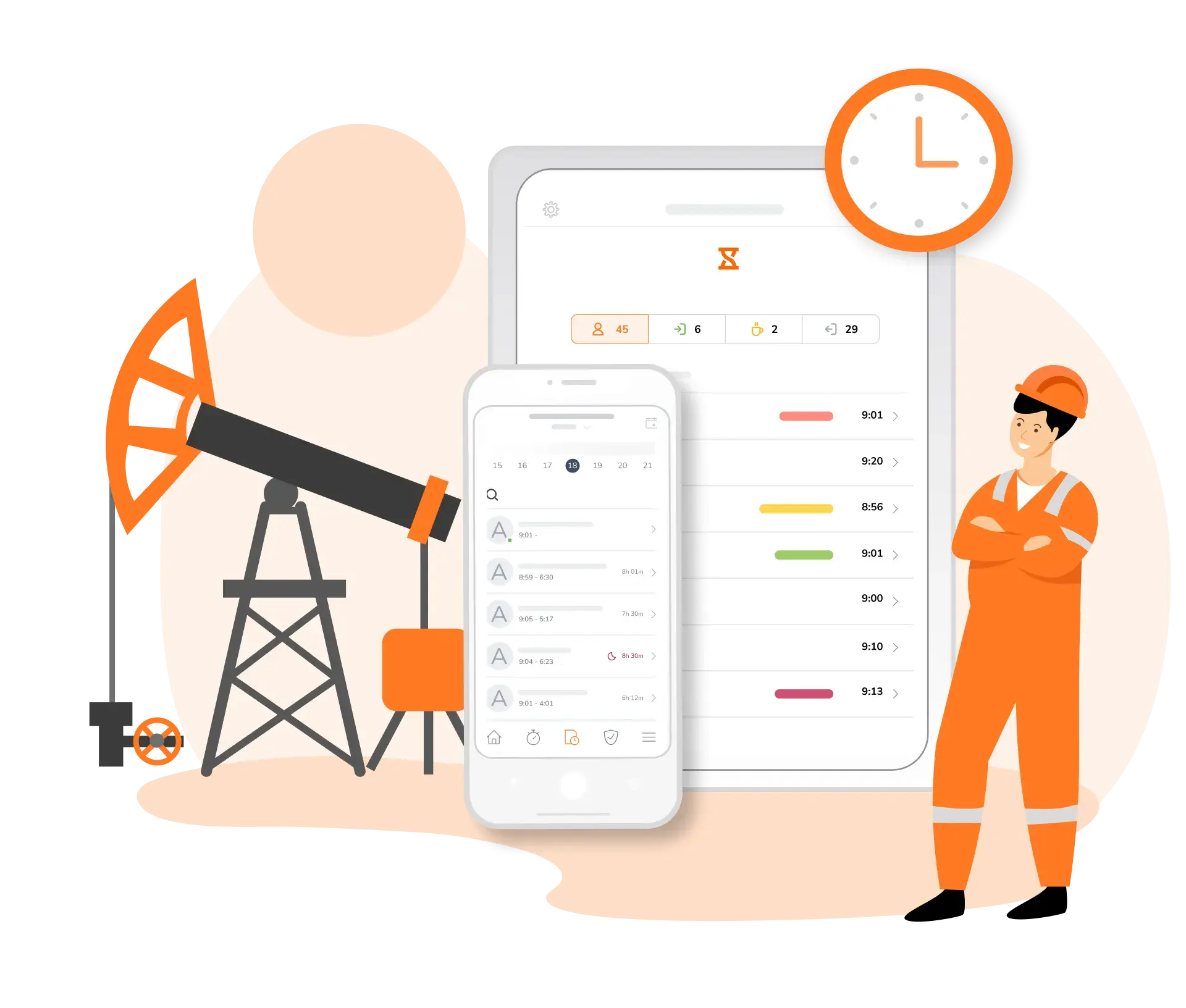 Un trabajador de una plataforma petrolífera que controla la asistencia desde un dispositivo móvil.