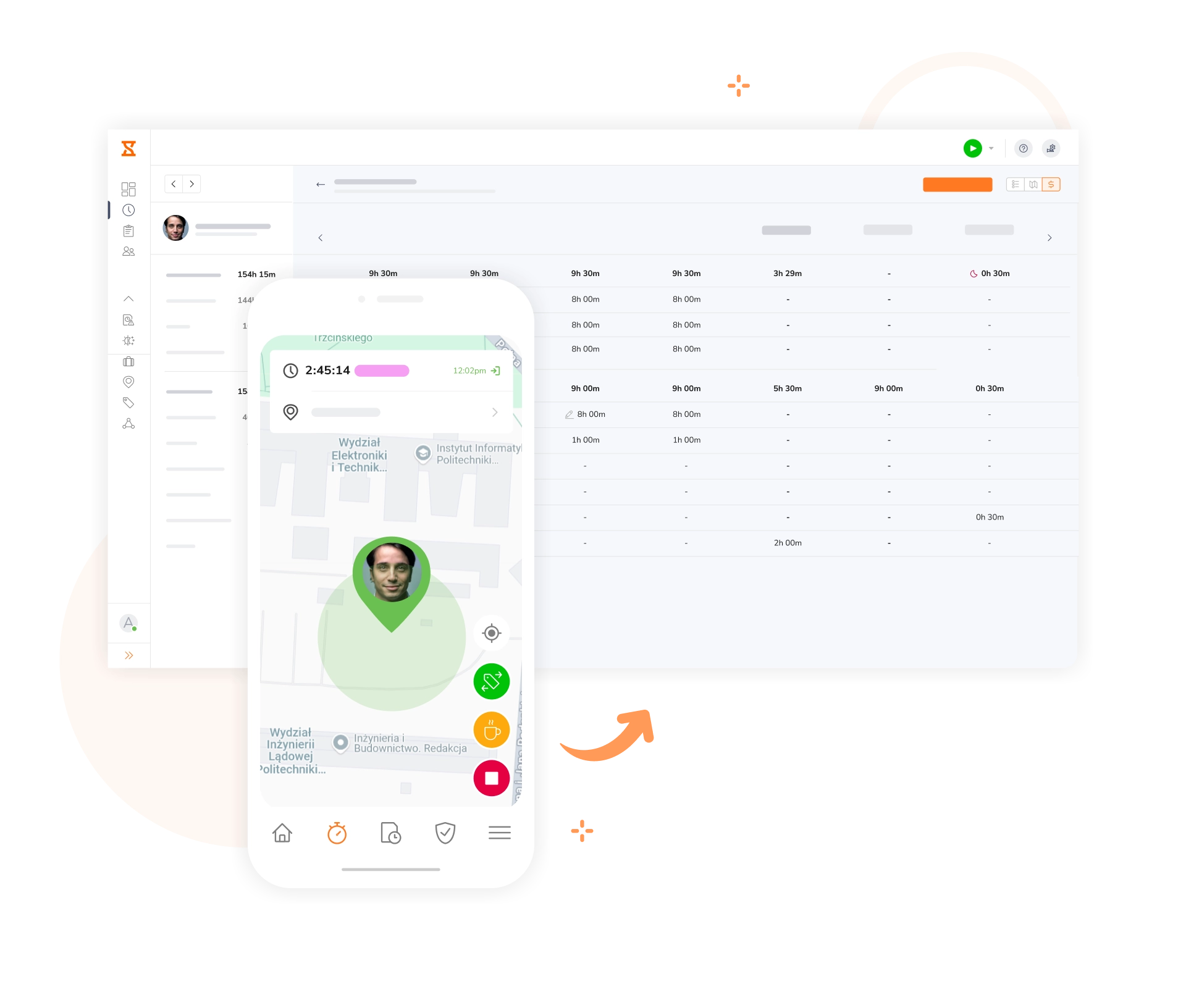 Jibble w aplikacji mobilnej, która bez trudu synchronizuje wpisy z aplikacją internetową.