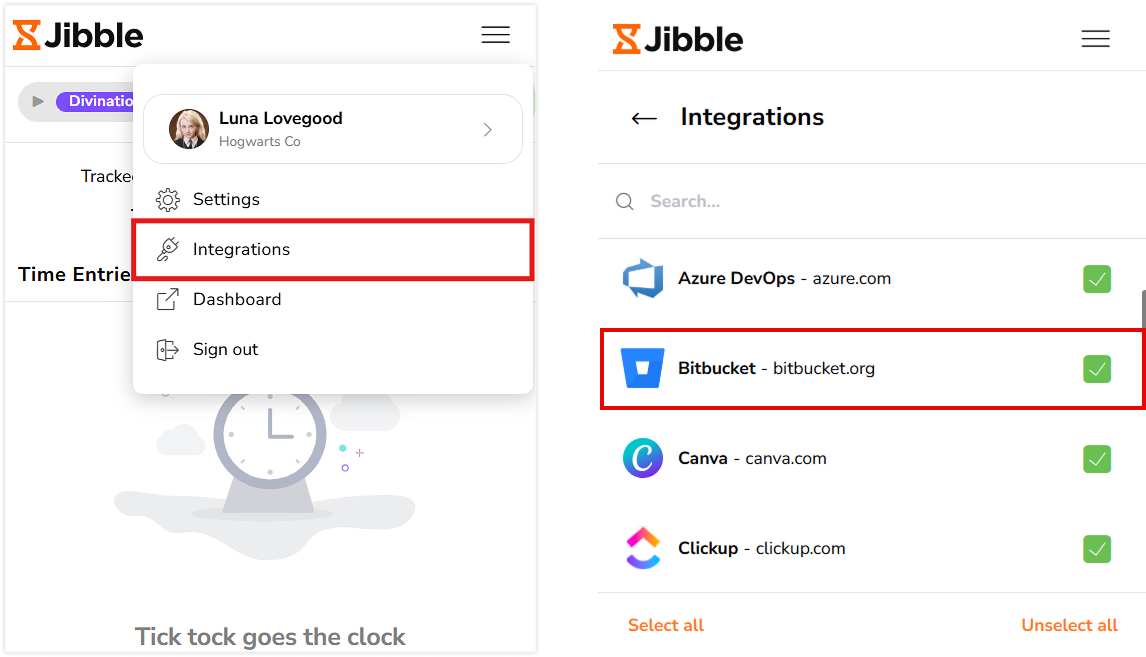 Bitbucket under integrations tab on Jibble chrome extension
