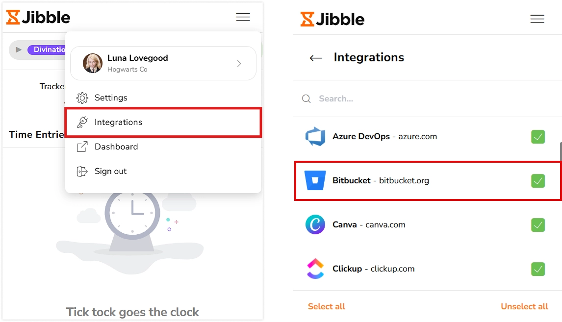 Bitbucket under integrations tab on Jibble chrome extension