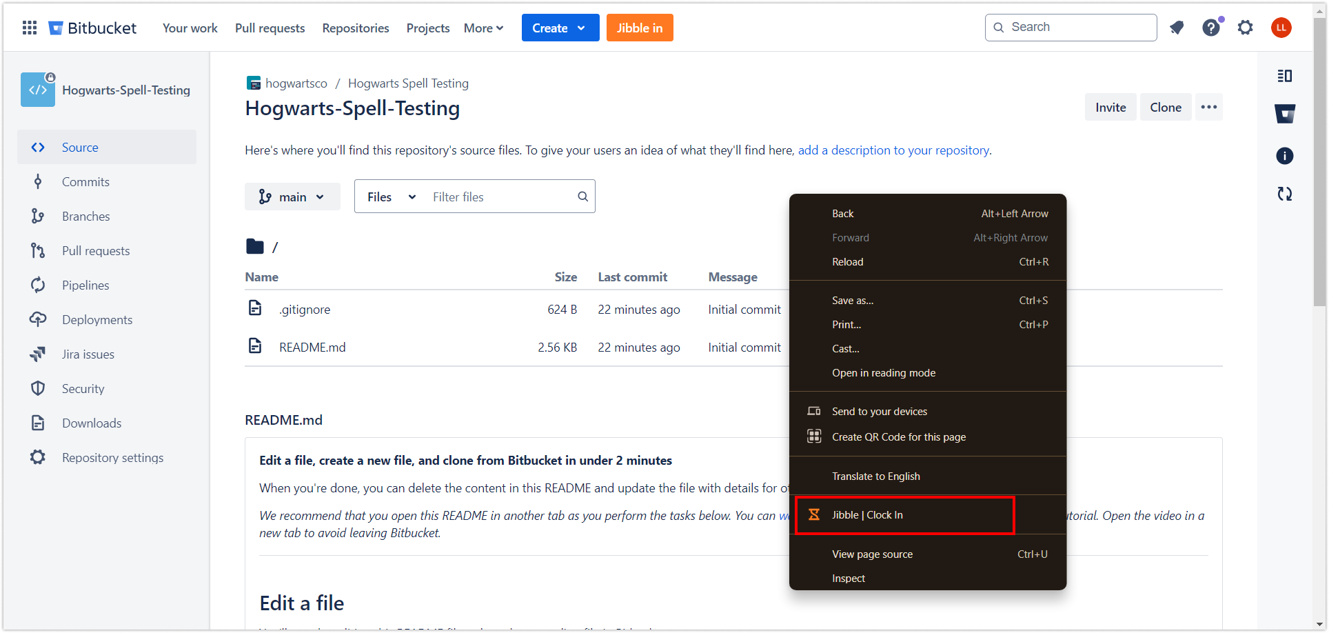 Clocking in via right click on Bitbucket