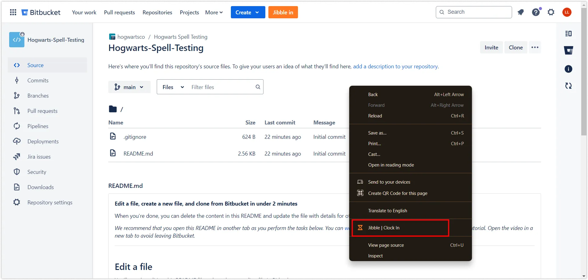 Pointer via un clic droit sur Bitbucket