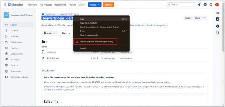 Rejestrowanie początku pracy w Bitbucket za pomocą zaznaczenia tekstu.