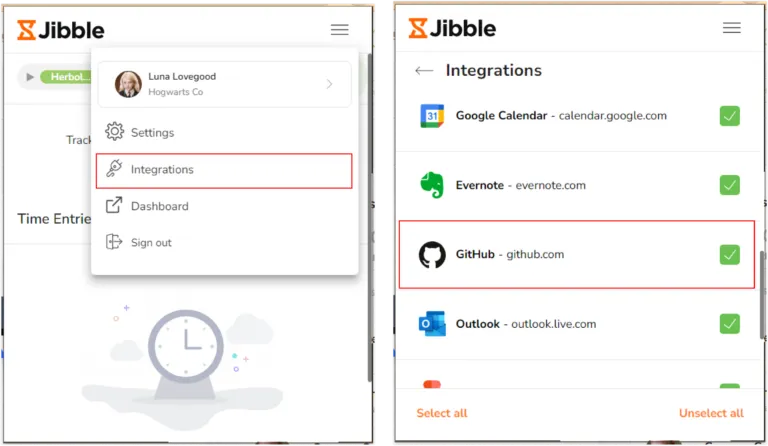 GitHub na aba de integrações na extensão do Jibble