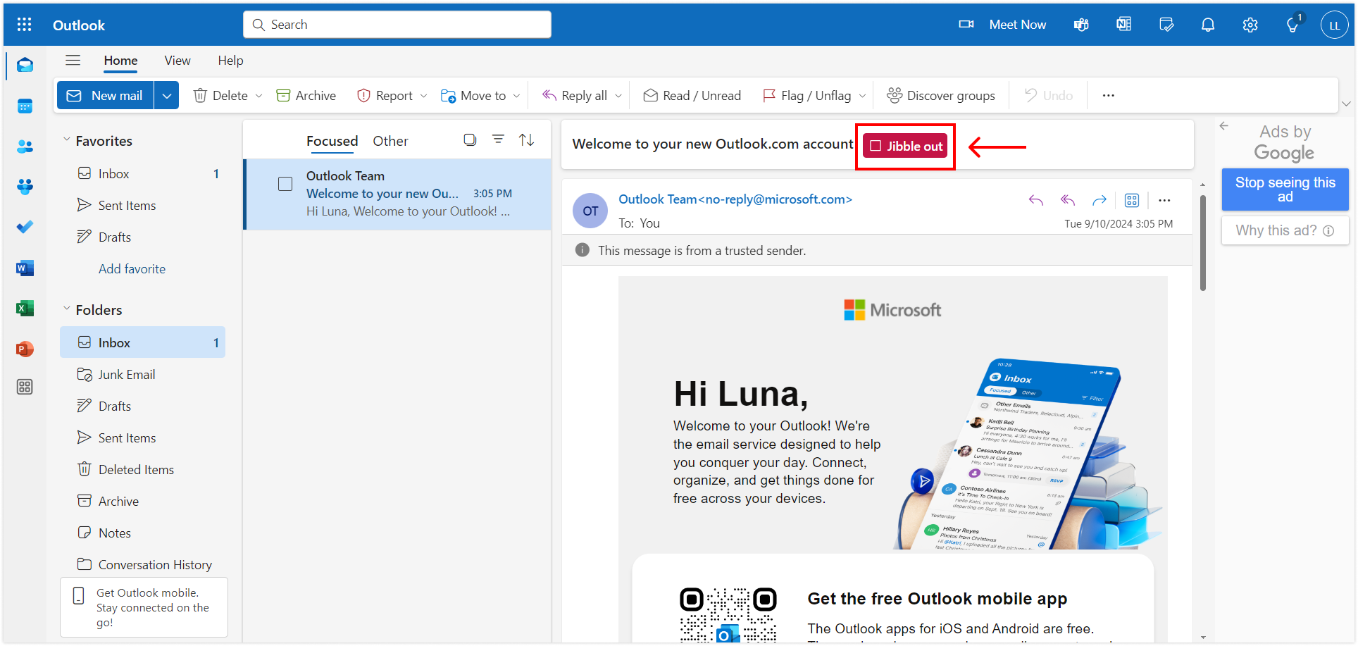 Jibble out button on Microsoft Outlook email 