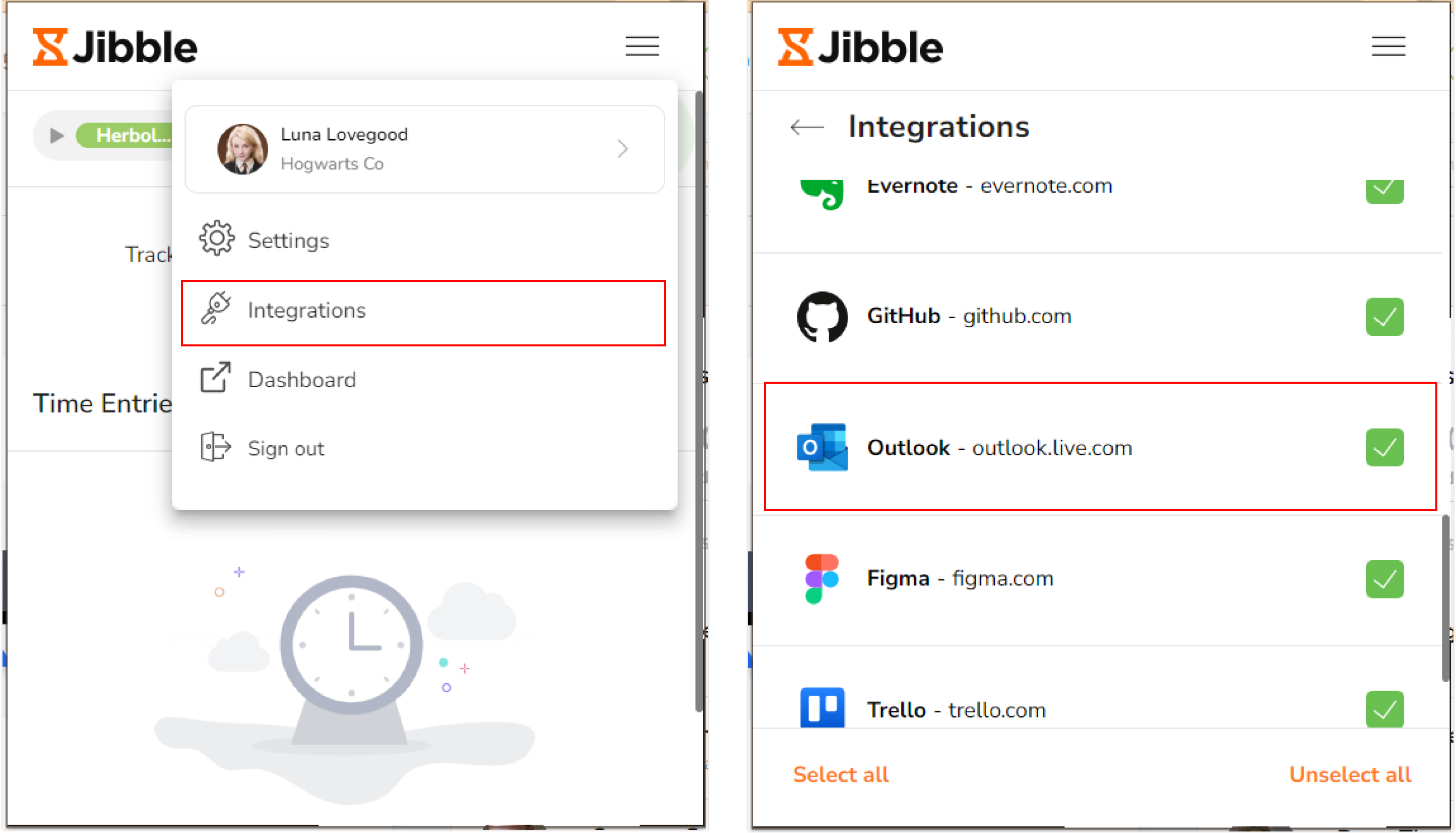 Microsoft Outlook di bawah tab integrasi di ekstensi chrome Jibble