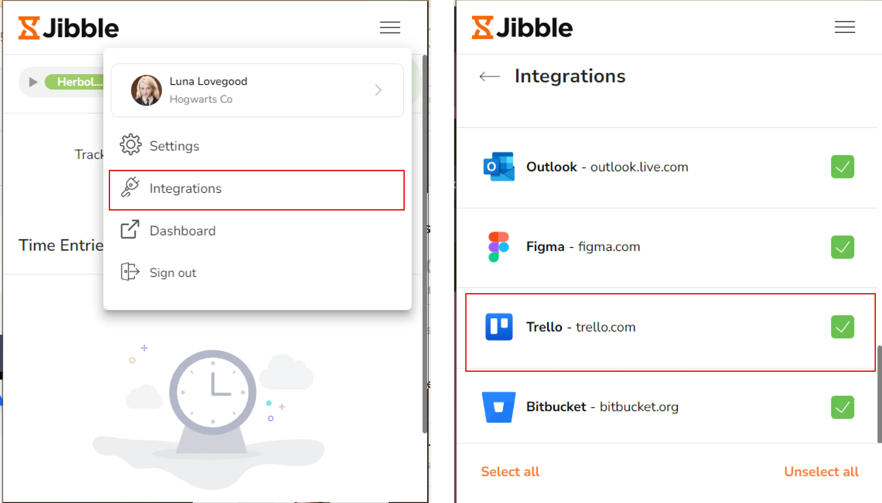 Trello di bawah integrasi dalam ekstensi chrome Jibble