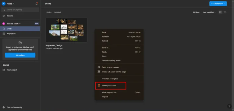 Clocking out via right click in Figma