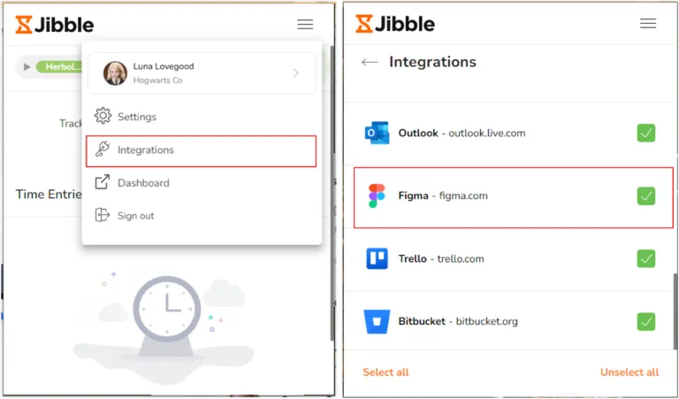 Figma under integrations in Jibble chrome extension