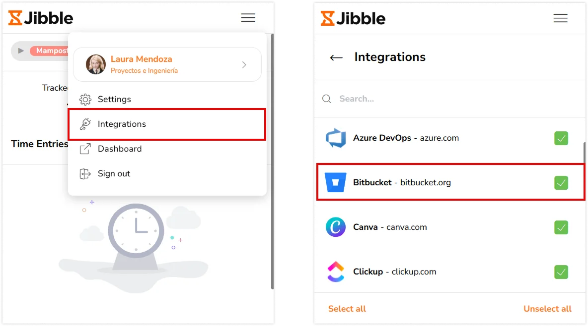 Bitbucket under integrations tab on Jibble chrome extension
