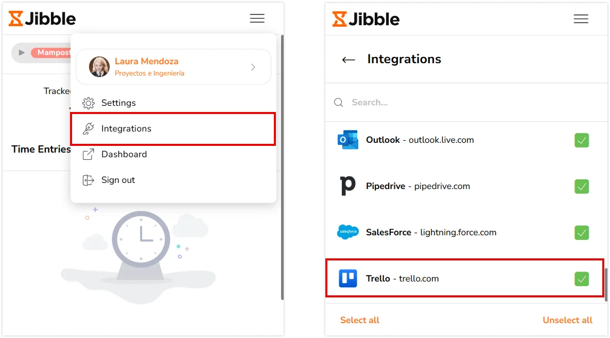 Trello under integrations in Jibble chrome extension