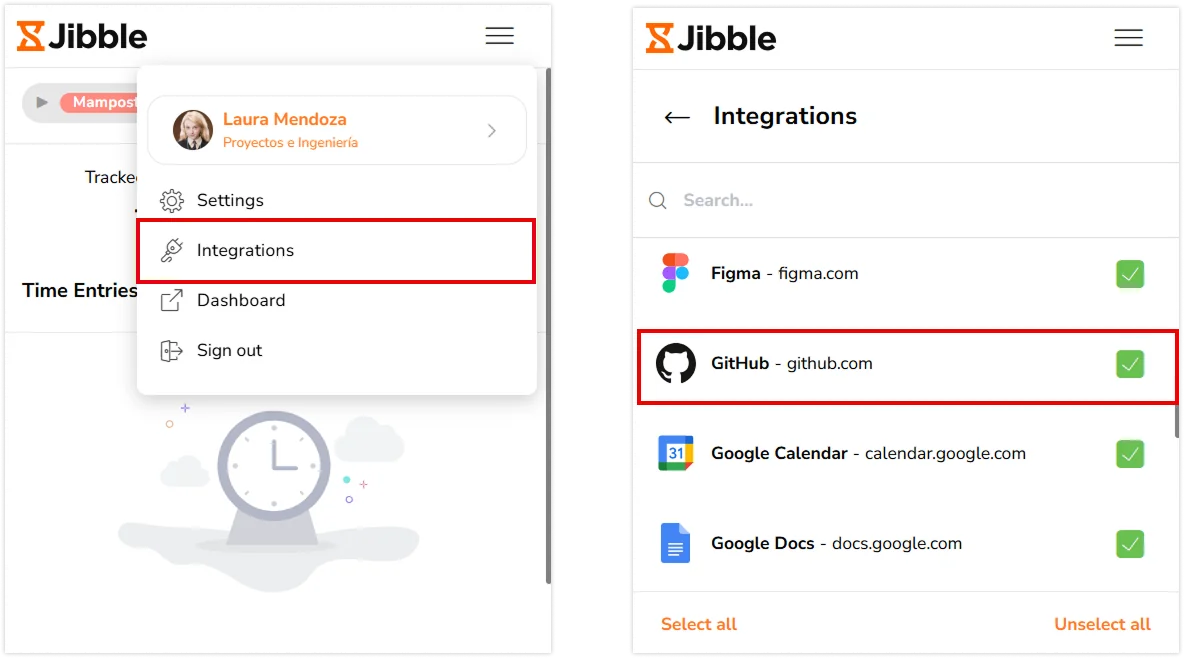 GitHub under integrations tab on Jibble chrome extension