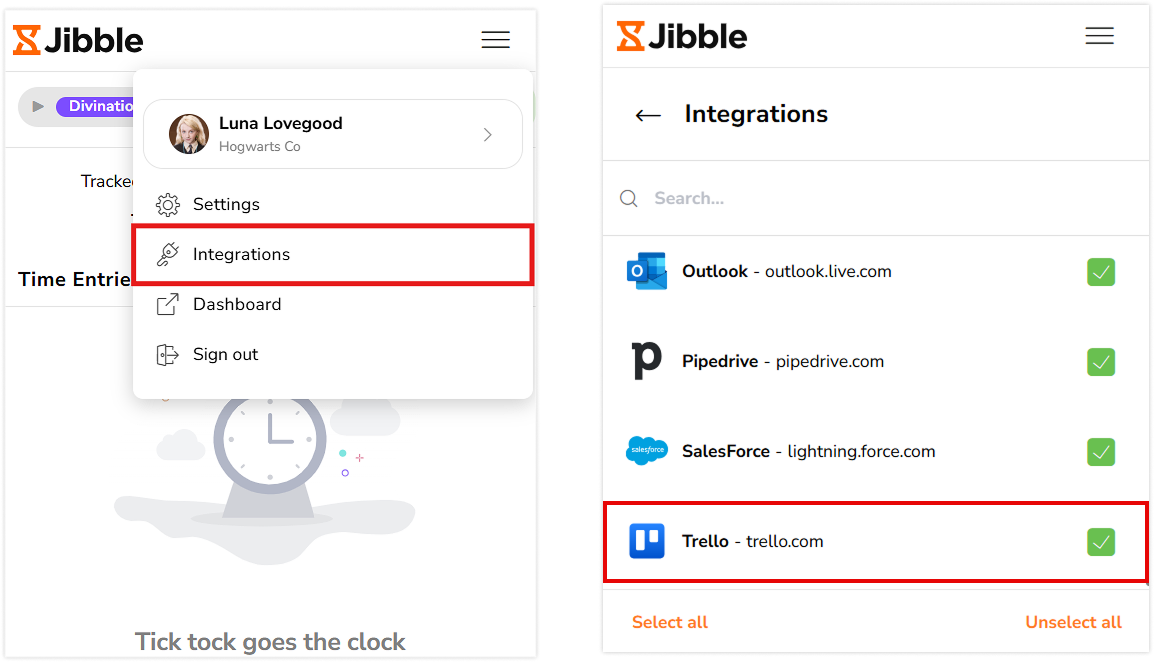 Trello under integrations in Jibble chrome extension