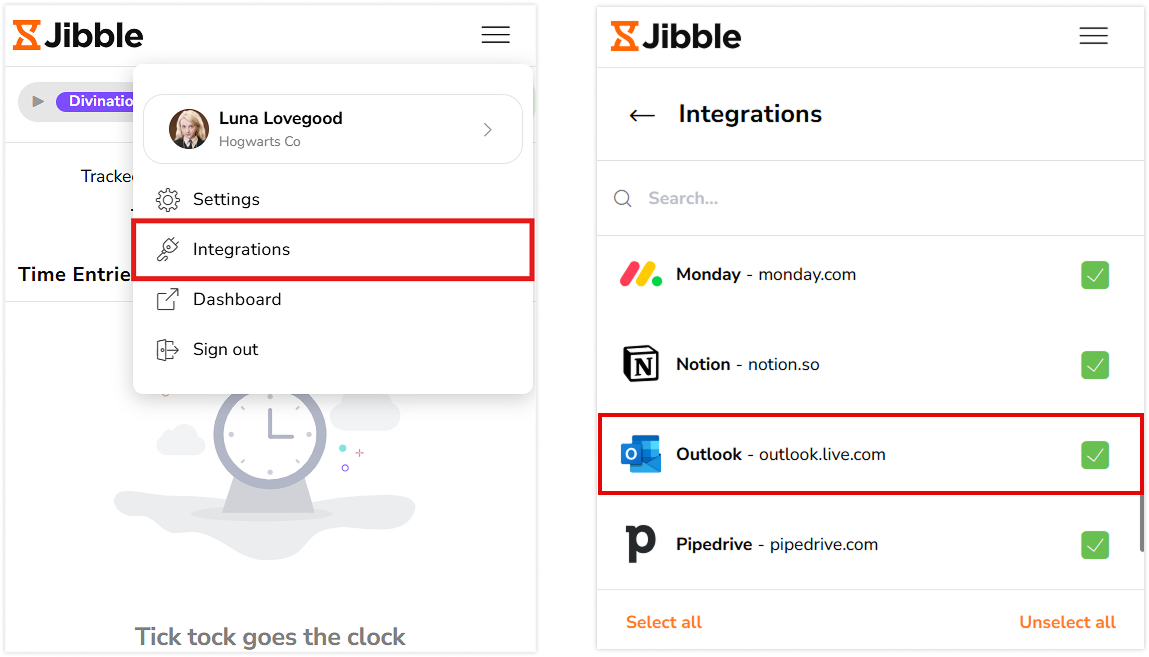 Microsoft Outlook sous l'onglet Intégrations dans l'extension Chrome de Jibble
