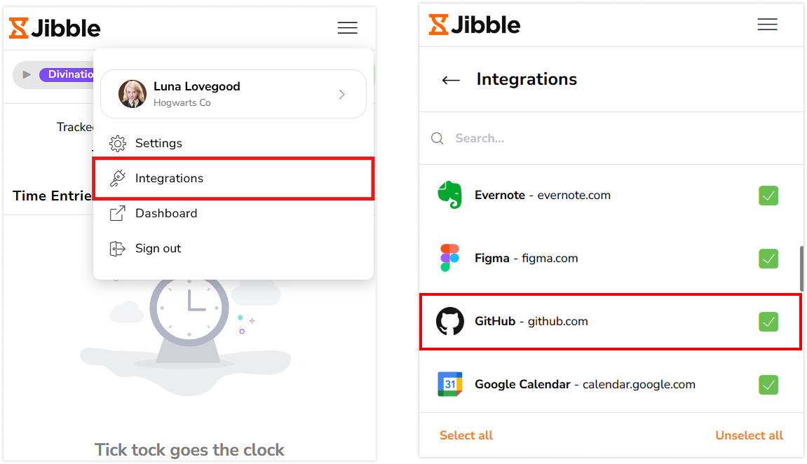 GitHub sous l'onglet « Intégrations » de l'extension Chrome de Jibble