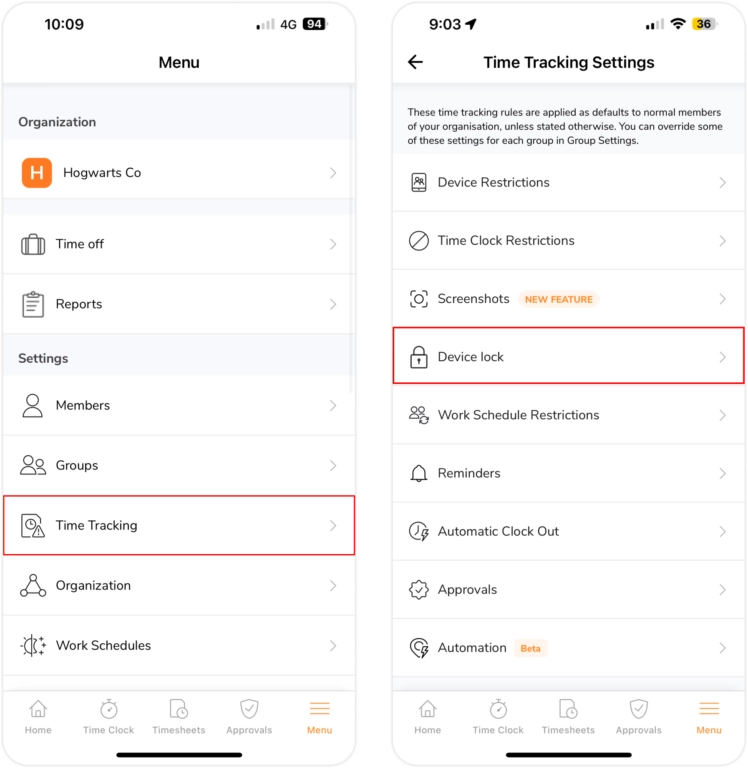 Verrouillage de l'appareil sur mobile