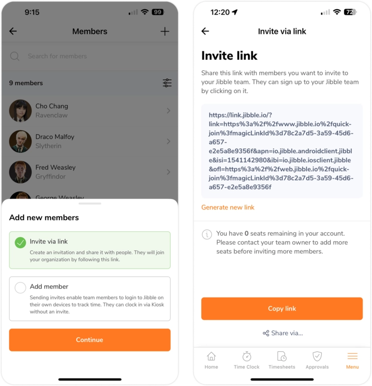 Inviting member via link on mobile