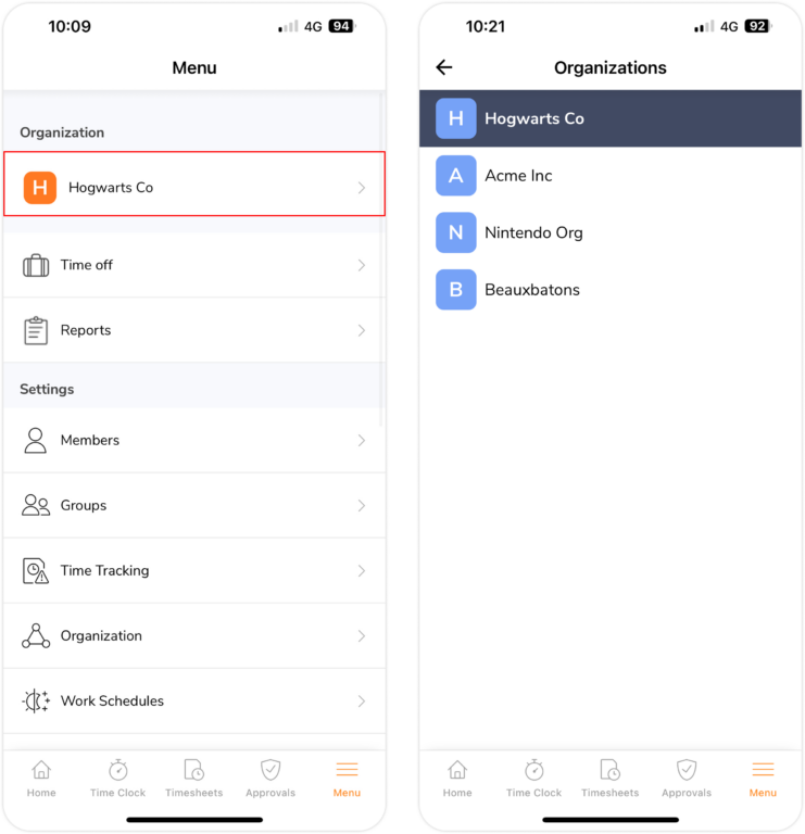 Switching organizations on mobile