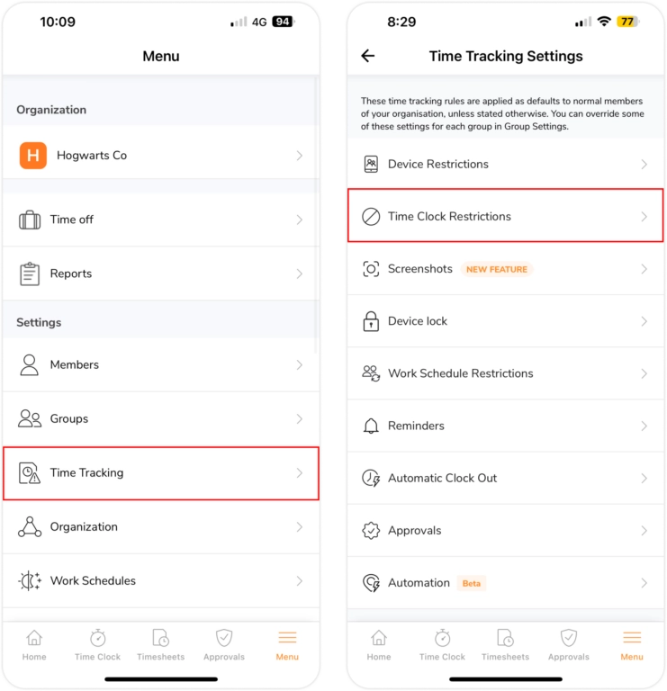 Time clock restrictions on mobile