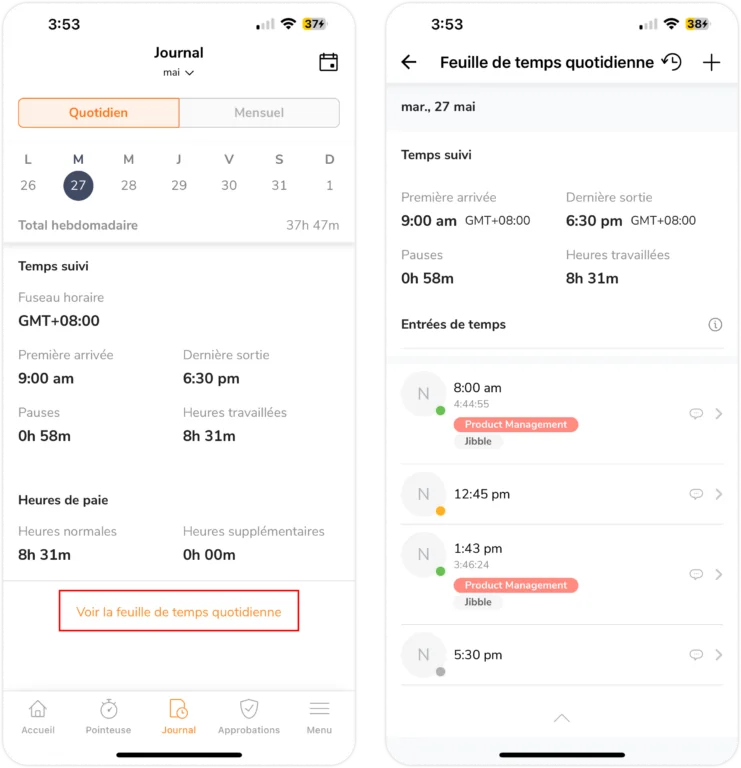 Feuille de temps personnelle quotidienne sur mobile