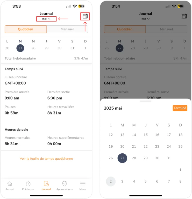 Calendrier quotidien de la feuille de temps personnelle sur mobile