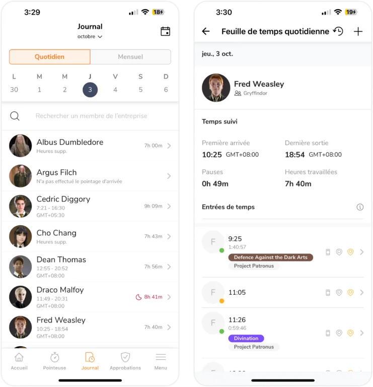 Feuille de temps quotidienne de l'équipe sur mobile