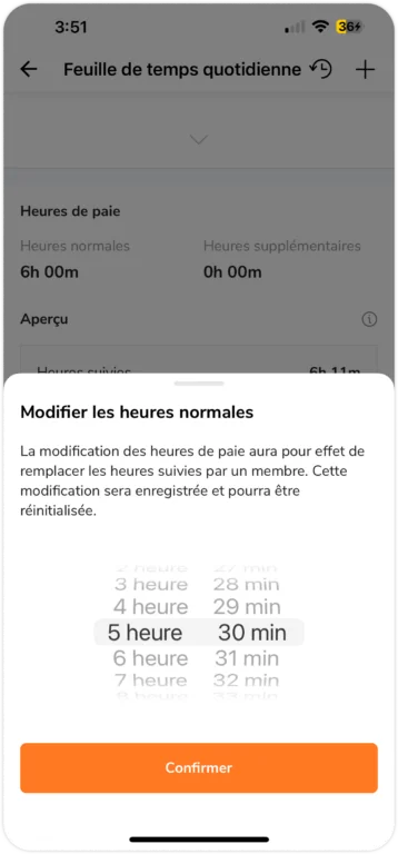 Modification des heures normales sur les feuilles de temps sur mobile