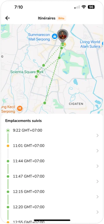 Visualisation des itinéraires du suivi de localisation sur mobile
