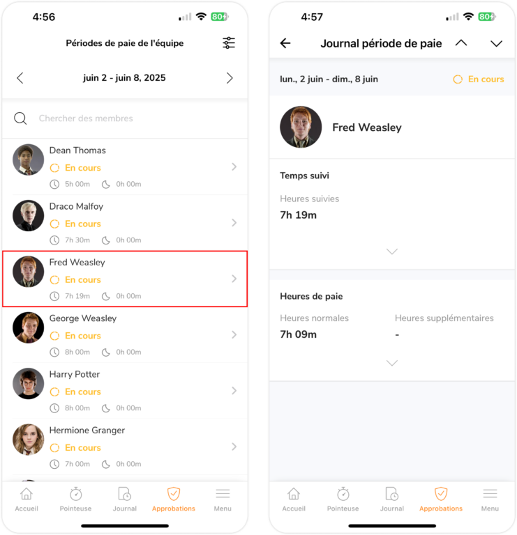 Résumé de la période de paie du membre sur mobile