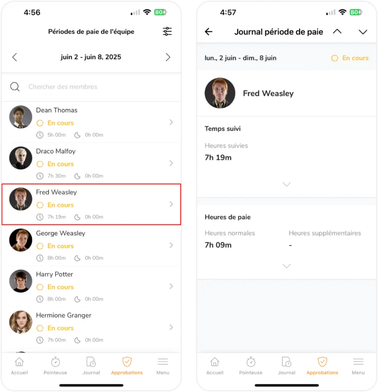 Résumé de la période de paie du membre sur mobile