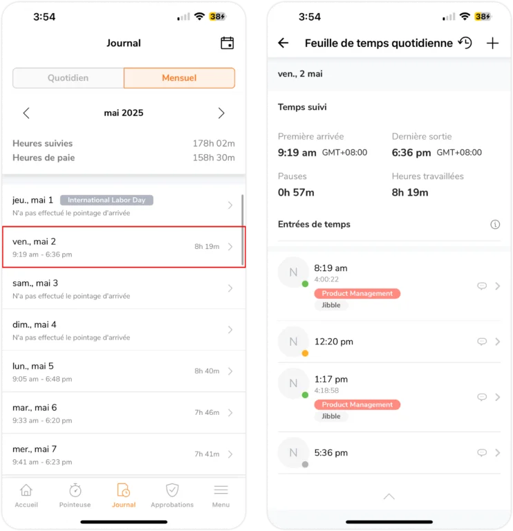 Feuille de temps mensuelle personnelle sur mobile