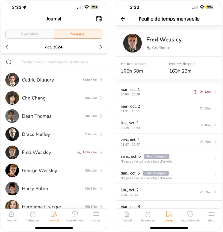 Feuille de temps mensuelle de l'équipe sur mobile